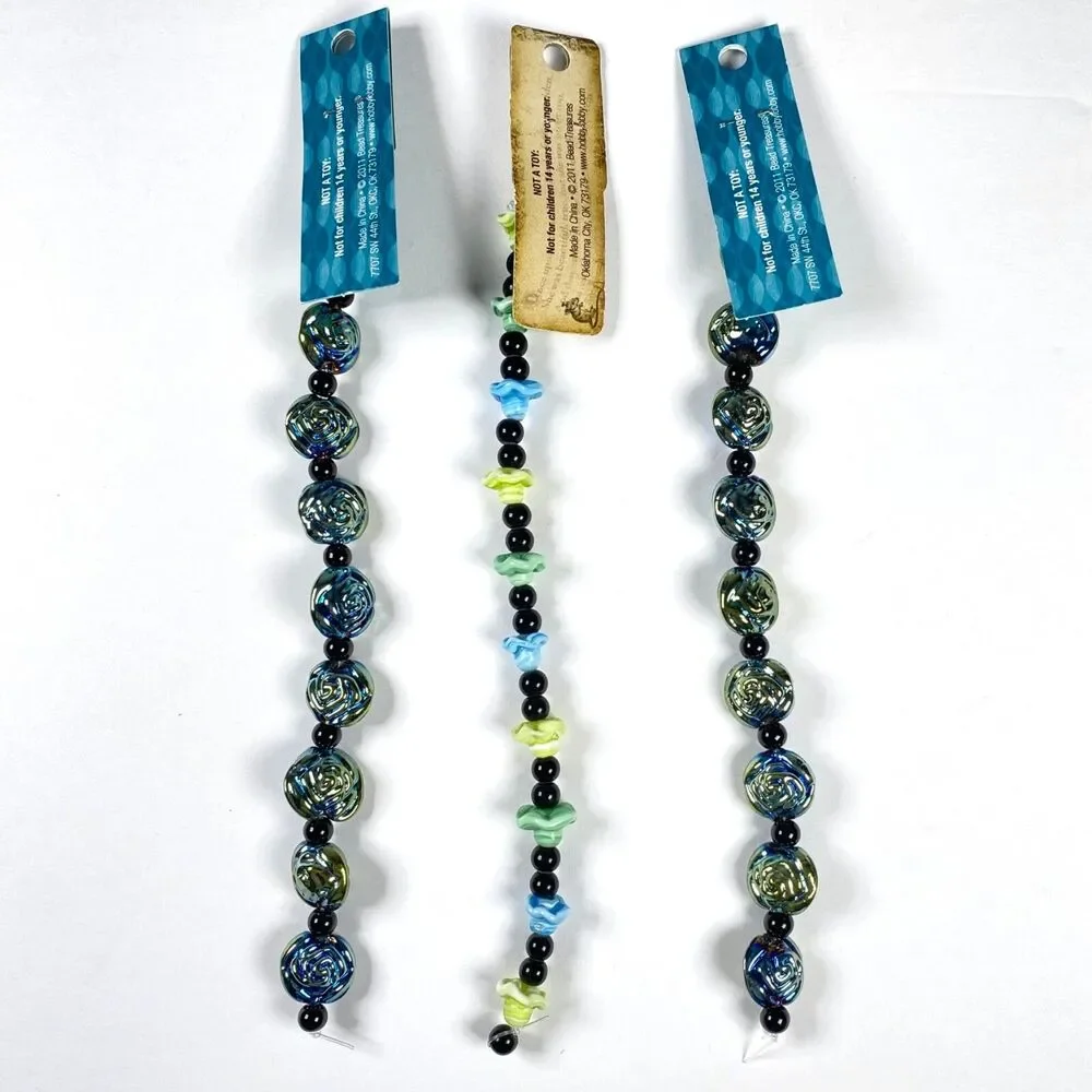 Bead Treasures Art Glass Beads Flower Jewelry Blue Green Iridescent Metallic Mix